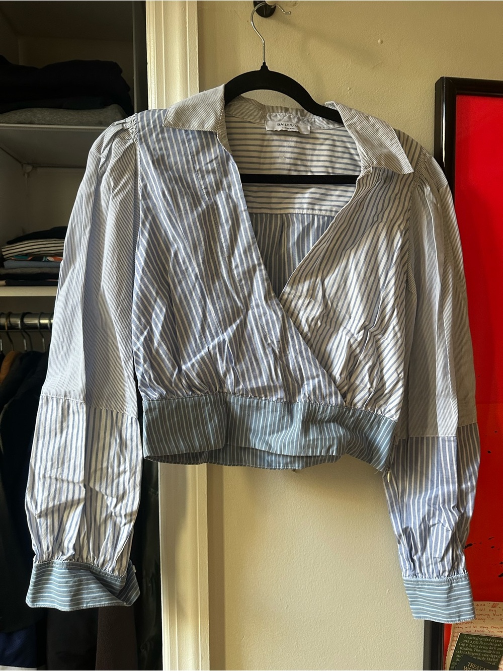Striped Wrap-Style Blouse in Light Blue